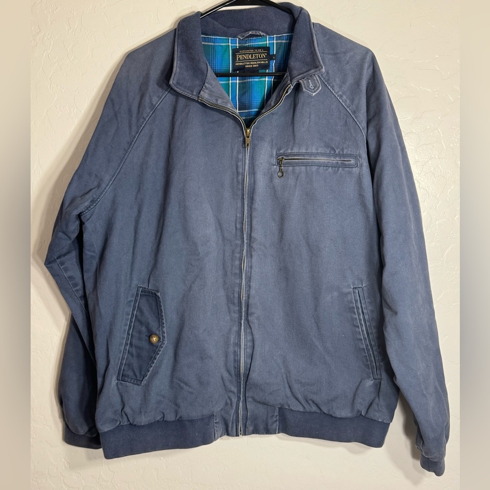 Pendleton Blue Cotton Zip Jacket L Plaid Lined Bomber Style Pockets Vintage Look